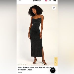 Lulu’s Maroon and Gold Glitter Ruched Cowl Neck Midi Dress